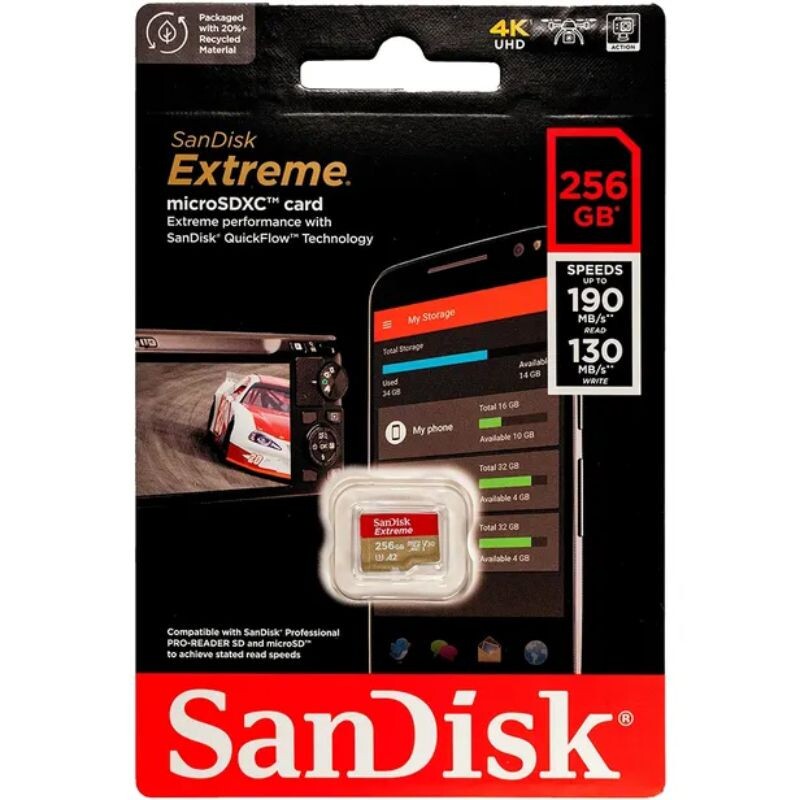 CARTAO DE MEMORIA MICRO SD 256GB SANDISK EXTREME CLASSE V30 A2 190MB/S SDSQXAV-256G-GN6MN