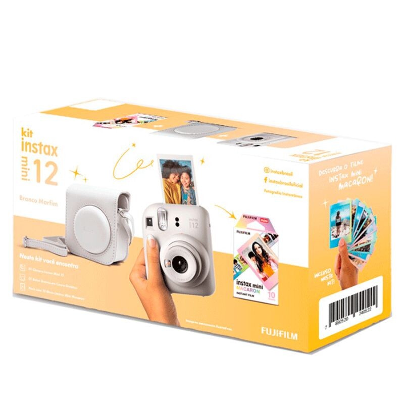 KIT CAMERA FUJIFILM INSTAX MINI 12 + PACK 10 FOTOS MACARON + BOLSA BRANCA