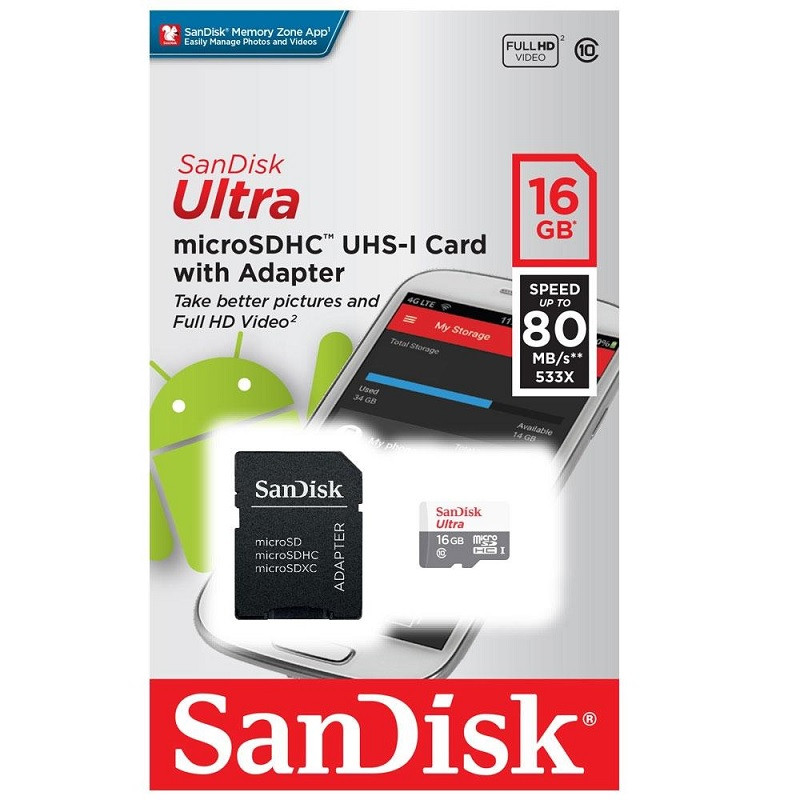 MEM.MICRO SD 16GB SANDISK ULTRA CL.10 80MB/S      