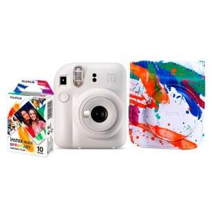 KIT CAMERA FUJIFILM INSTAX MINI 12 + PACK 10 FOTOS SPRAY ART + BOLSA BRANCA