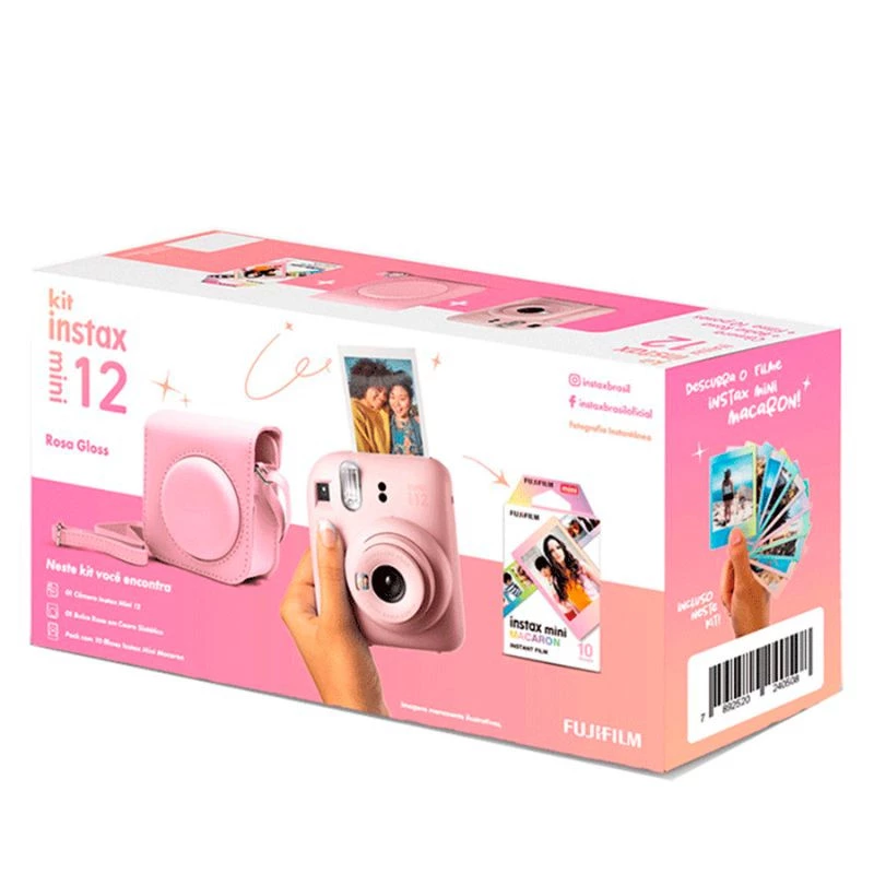 KIT CAMERA FUJIFILM INSTAX MINI 12 + PACK 10 FOTOS MACARON + BOLSA ROSA