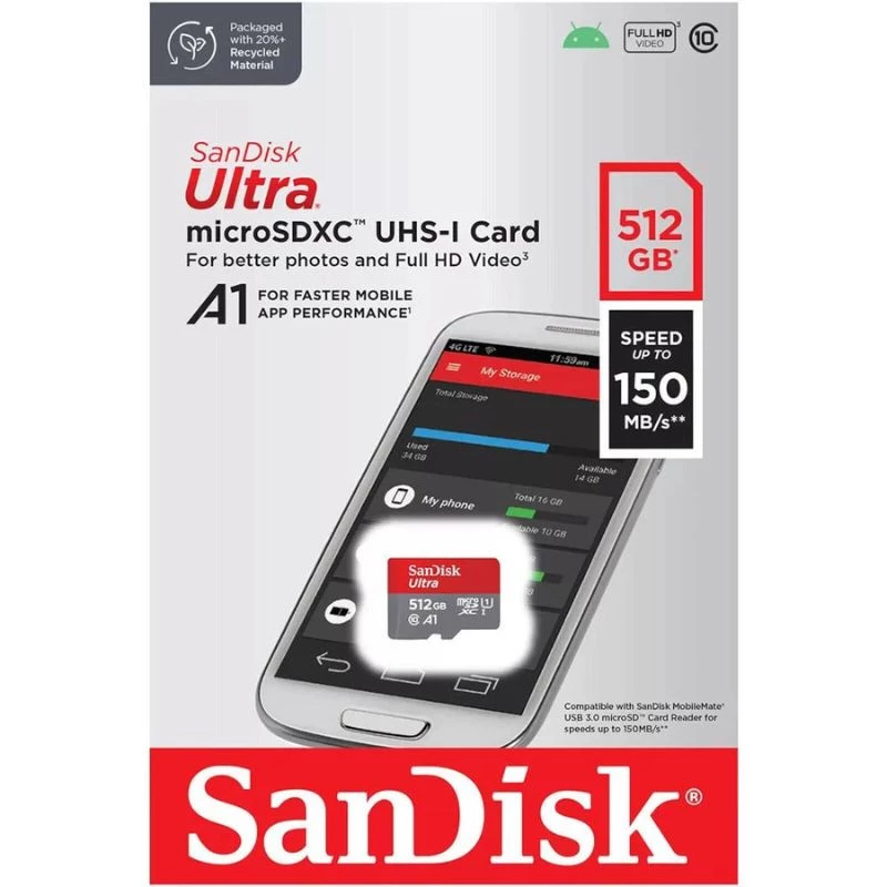 CARTAO DE MEMORIA MICRO SD 512GB SANDISK ULTRA CLASSE 10 150MB/S SDSQUAC-512G-GN6MA
