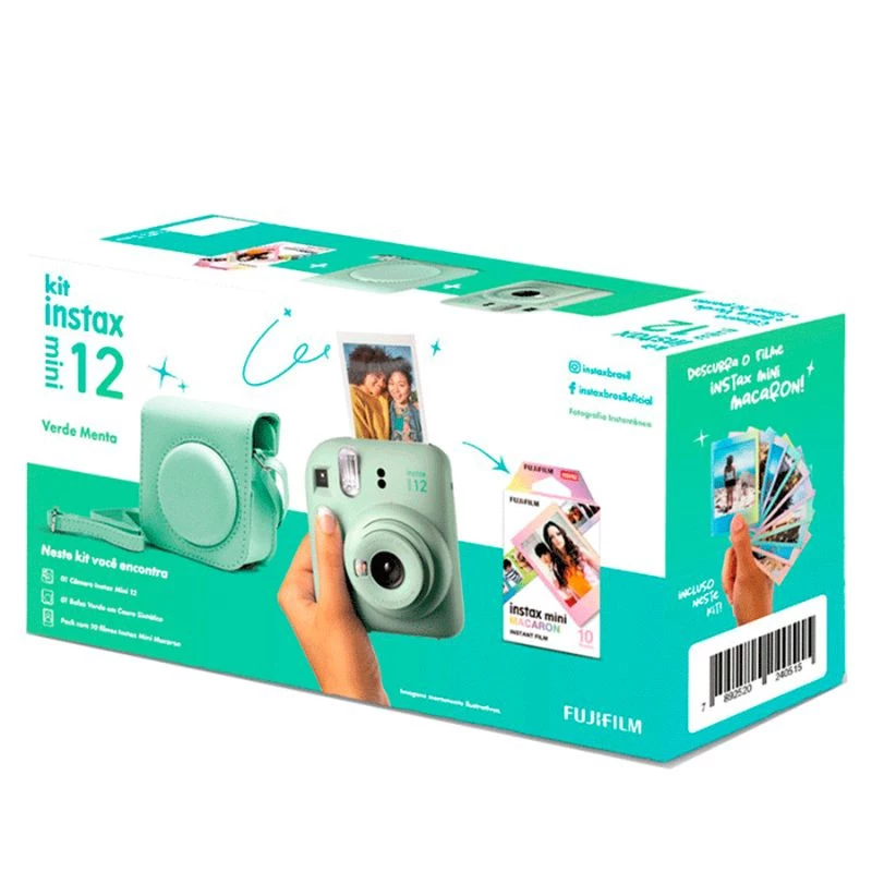 KIT CAMERA FUJIFILM INSTAX MINI 12 + PACK 10 FOTOS MACARON + BOLSA VERDE