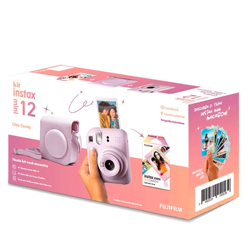 KIT CAMERA FUJIFILM INSTAX MINI 12 + PACK 10 FOTOS MACARON + BOLSA LILAS