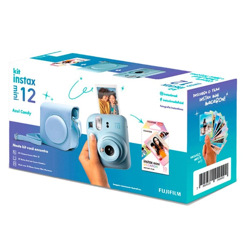 KIT CAMERA FUJIFILM INSTAX MINI 12 + PACK 10 FOTOS MACARON + BOLSA AZUL